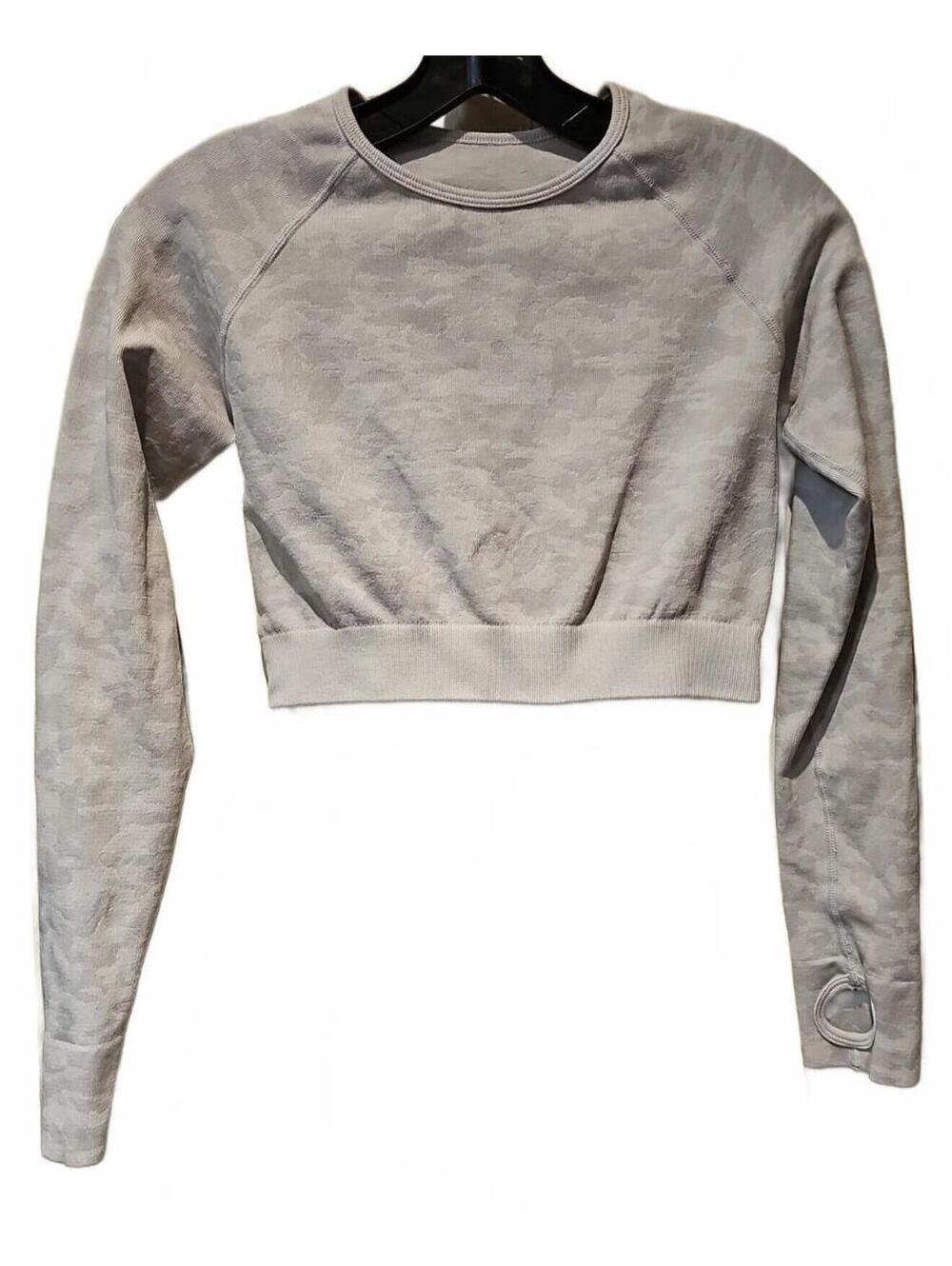 Athletic Workout Half Top Gray Camo Long Sleeve Gym Crop Top size M
